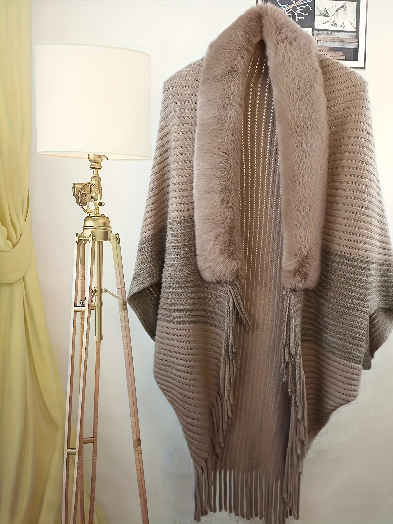 Stylish asymmetrical shawl with faux fur collar, perfect for daily wear and parties in all seasons.