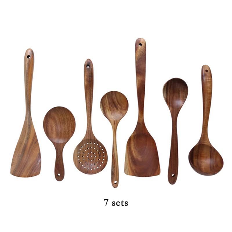 Set of 4/7 pieces of kitchen tools made from natural teak wood from Thailand, including spoons, ladles, turners, colanders, skimmers, and scoops, suitable for cooking and serving in the kitchen.