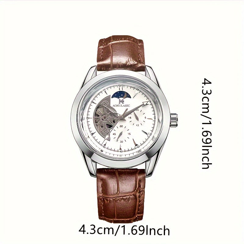 AOKULASIC Men's automatic mechanical watch featuring semi-hollow ball design with moon phase pointer.