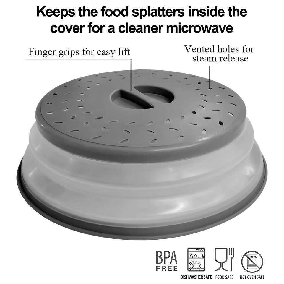 Grey BPA-Free TPR Microwave Splatter Guard with Handle - Round Food Cover with Steam Vents & Filter for Fruits, 26.67cm, Essential Kitchen Accessory