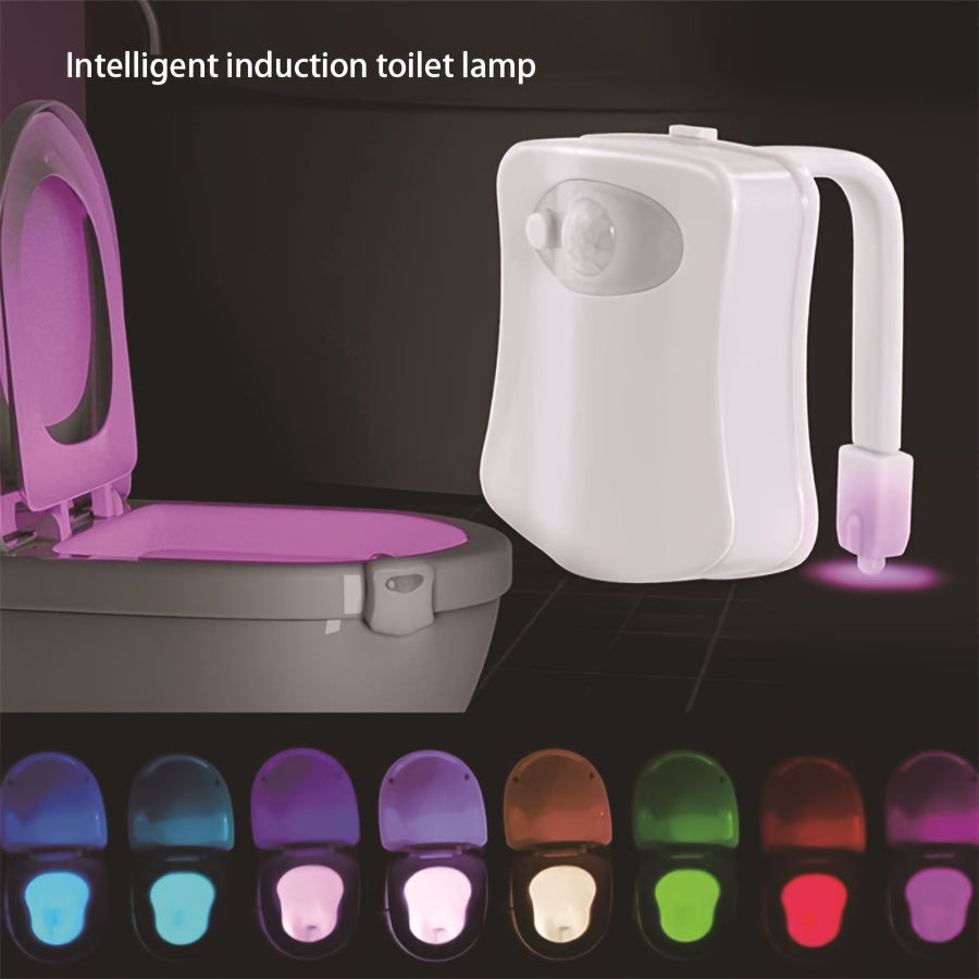 LED toilet light with motion activation, 16 color options, wall mountable, battery operated, modern design.