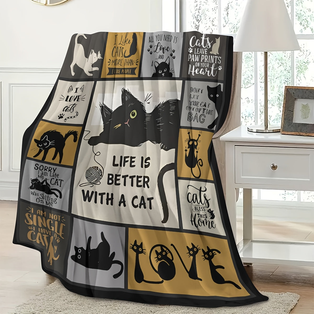 Contemporary Cat-Themed Flannel Fleece Blanket: This stain-resistant, all-season knit fabric throw features geometric animal patterns and digital print designs. Perfect for adding a touch of fun to your sofa or bed decor.