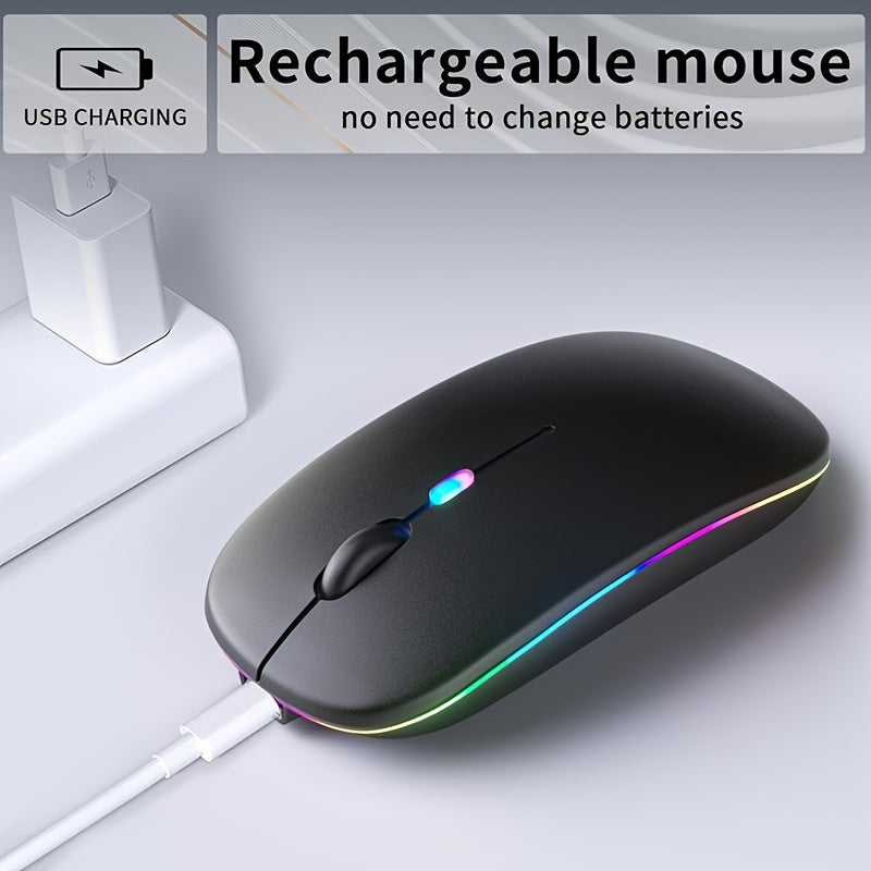 Slim wireless mouse with 2.4G+BT technology, USB receiver, and anti-slip scroll wheel, suitable for laptops and computers.