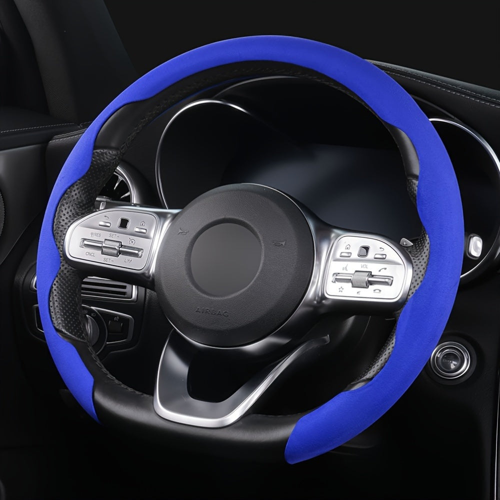 Non-slip, universal steering wheel cover with sweat-absorbing buckle for cars.