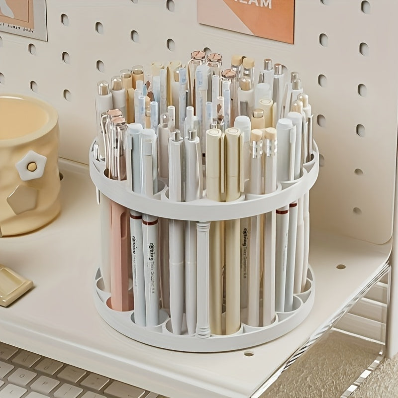 White plastic organizer with glaze finish, rotating brush holder for art brushes, pens, and makeup tools, multi-compartment desk accessory.