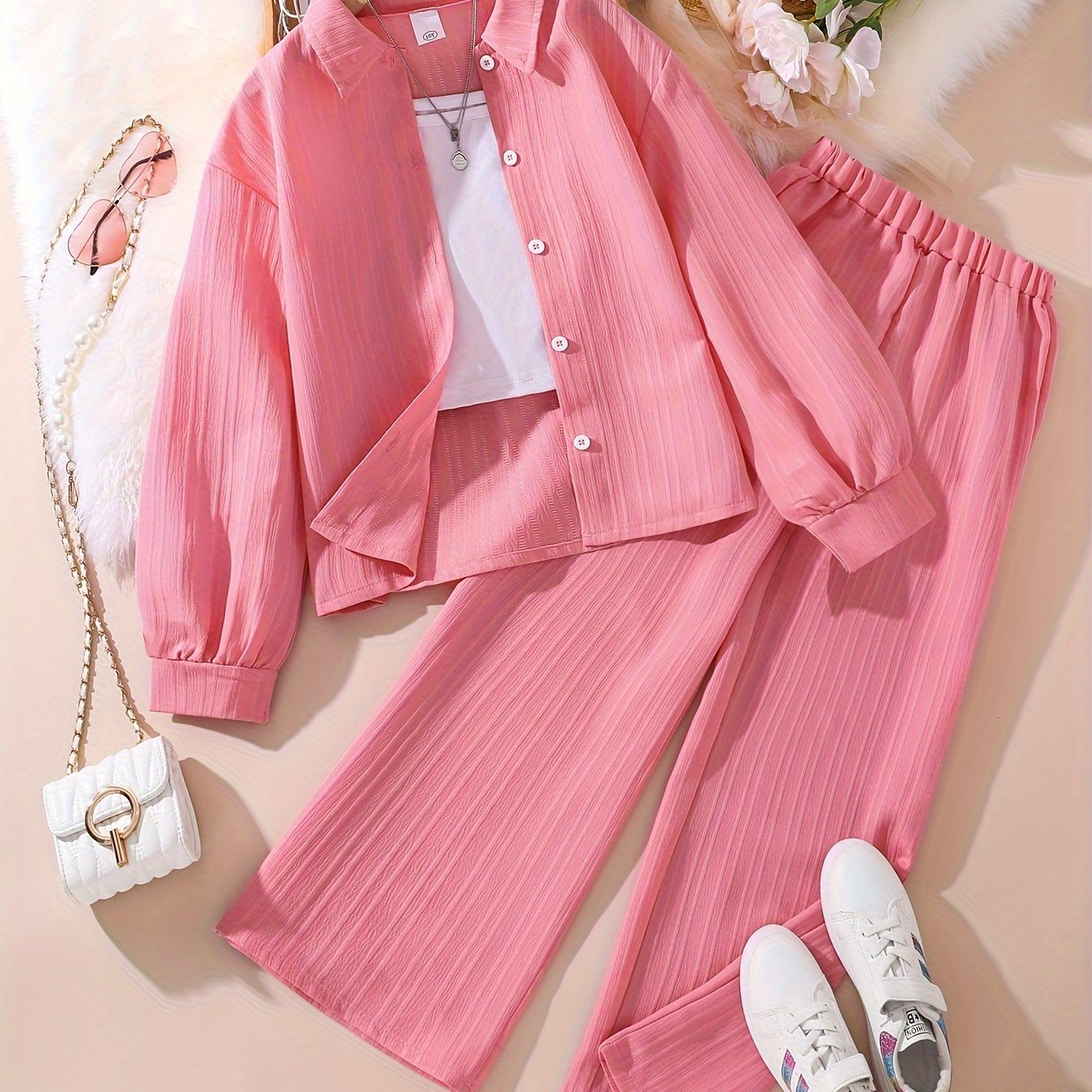 Girls' Clothing Set for 8-12 years featuring a loose 2-piece solid color outfit with a textured button blouse and wide-leg pants in a stylish and simple Korean style. Perfect for daily