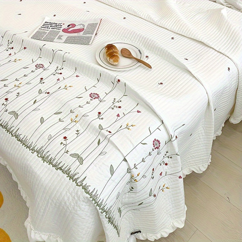 3-piece Korean Style Floral Embroidered Summer Quilt Set includes one lightweight blanket, two ruffled pillowcases, made of polyester fabric, machine washable - stylish bedding for all