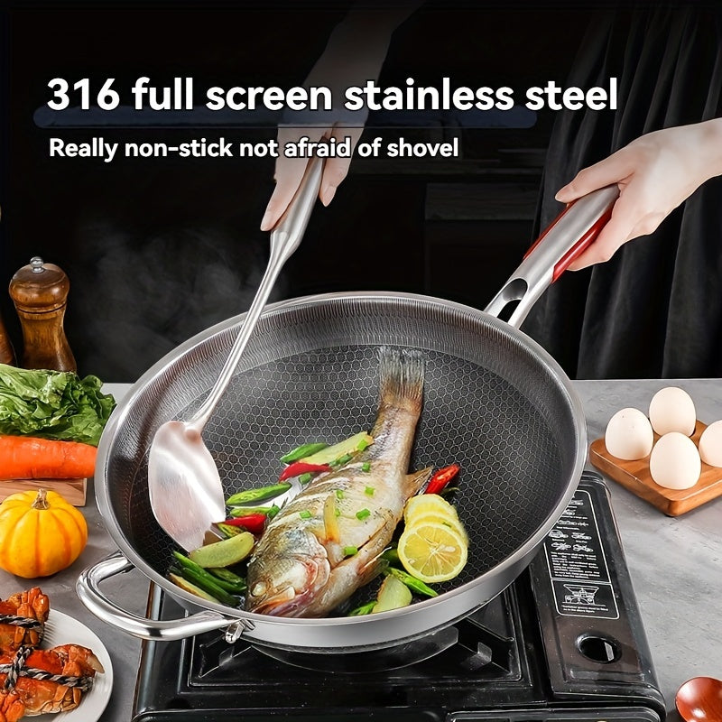 Stainless Steel Wok with Glass Lid and Honeycomb Non-Stick Coating - Features Full Screen Anti-Scratch Vertical Pot Cover, Dual Anti-Stick Shovels, and Scratch-Resistant Design - Perfect for Gas and Induction Cooktops