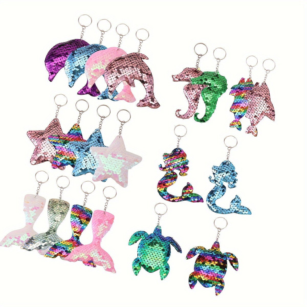 Cartoon Double-sided Mermaid Sequin Keychains - Set of 20, featuring Ocean Theme, Animal Shapes, Flip Sequin Design, Perfect for Party Gifts, Birthday Presents, and Christmas Decorations.