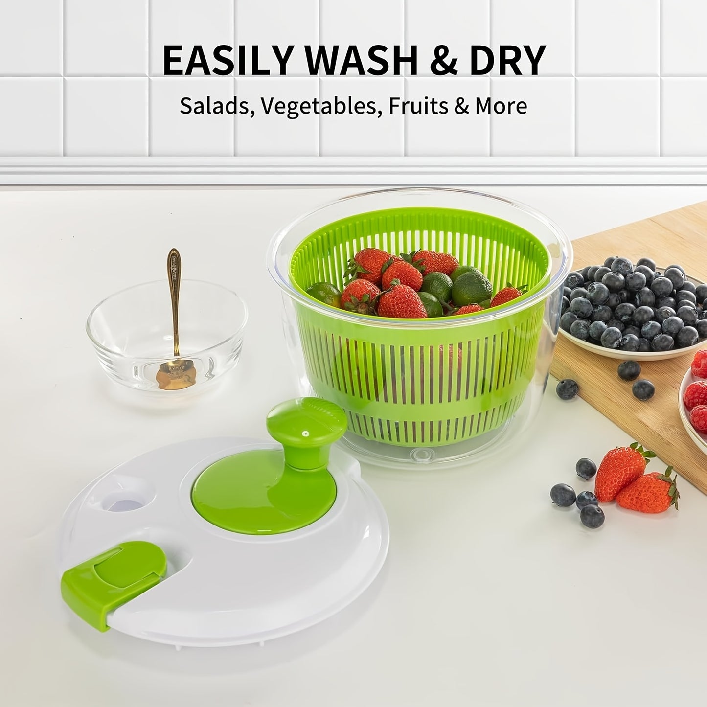 Plastic salad spinner with filter basket for drying salad, fruits, and vegetables in the kitchen. No electricity needed, includes rotating bowl and mesh basket.