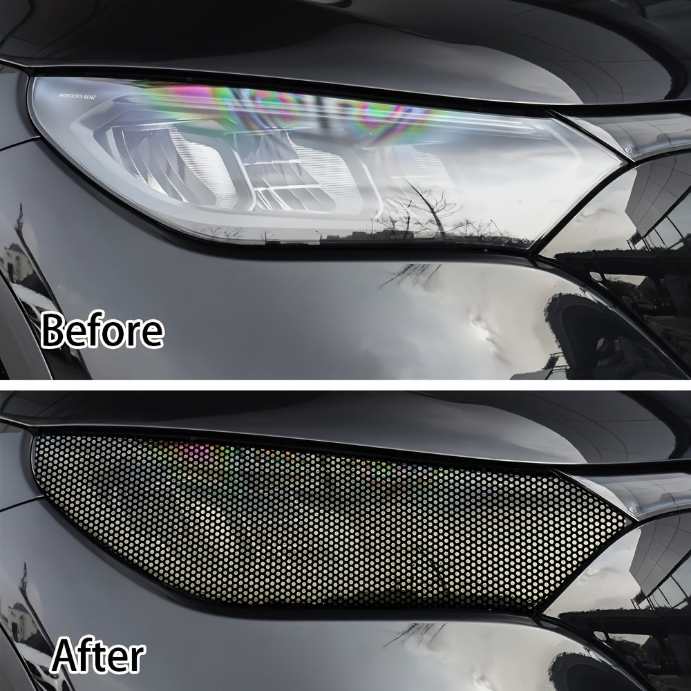 Customizable PVC mesh pattern vinyl wrap for car headlights and taillights, with strong adhesion and durability, suitable for most models. Size: 30x122cm.