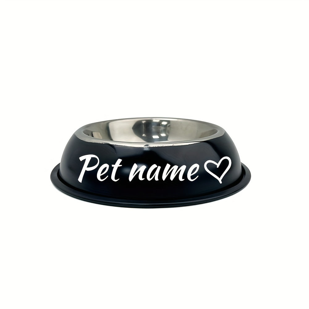 Custom stainless steel dog bowl with non-slip base for small, medium, and large dogs. Personalize with pet's name for food and water.