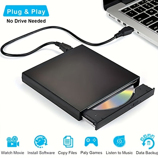 Portativ tashqi CD/DVD disk o'quvchi, noutbuklar va stol kompyuterlari uchun USB 2.0 ulanishi bilan.