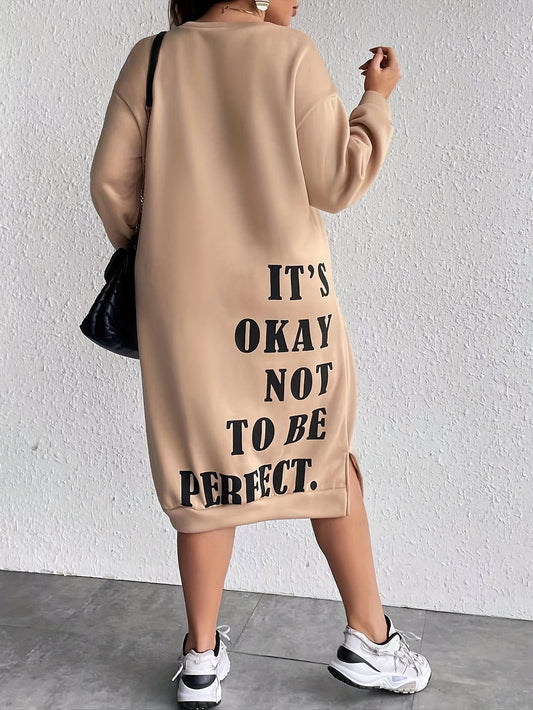 Plus Size Women's Slogan Print Casual Sweatshirt Dress with Long Sleeves and Side Split