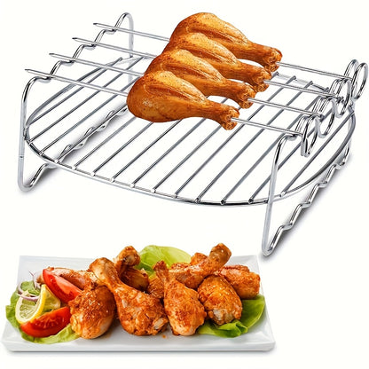 Round stainless steel rack and skewer set for air fryers, compatible with most models and dishwasher safe. Ideal for roasting and grilling.