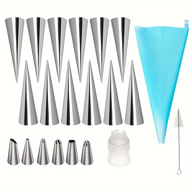 Set of 30 stainless steel cone-shaped molds for making croissants, cannolis, cream rolls, puffs, waffle cones, and more baking supplies and kitchen gadgets.