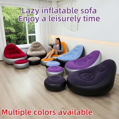 Portable, ergonomic, and easy-to-clean inflatable sofa in red PVC and microfiber material. Ideal for camping, living room, office, or bedroom. Features foldable and compact design for