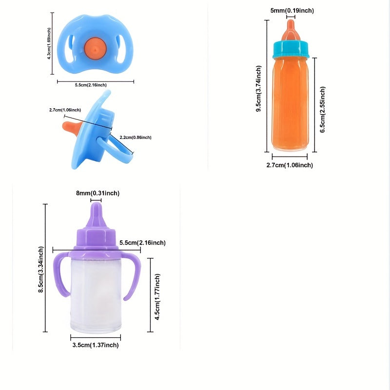 Set of baby doll feeding bottles, including 8.48 cm milk bottles and 9.5 cm juice bottles, comes with a toy pacifier. Perfect baby doll accessories for kids' gift.