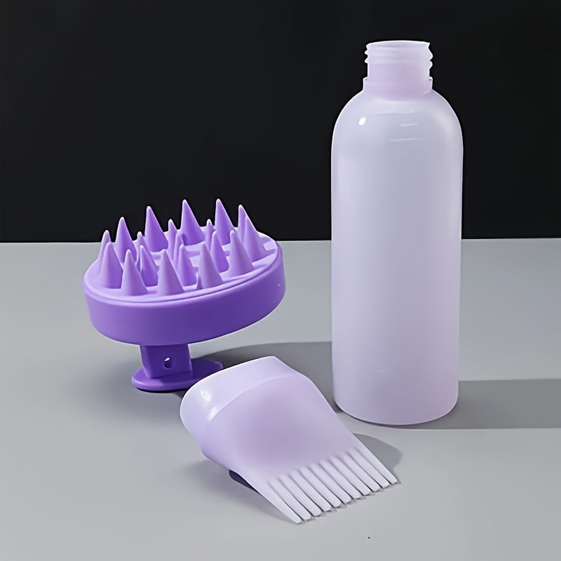 Hair care set includes scalp massage brush, root comb, hair dye bottle, and hair oil bottle. Made for all hair types with ABS plastic and silicone materials. Great for both ordinary and