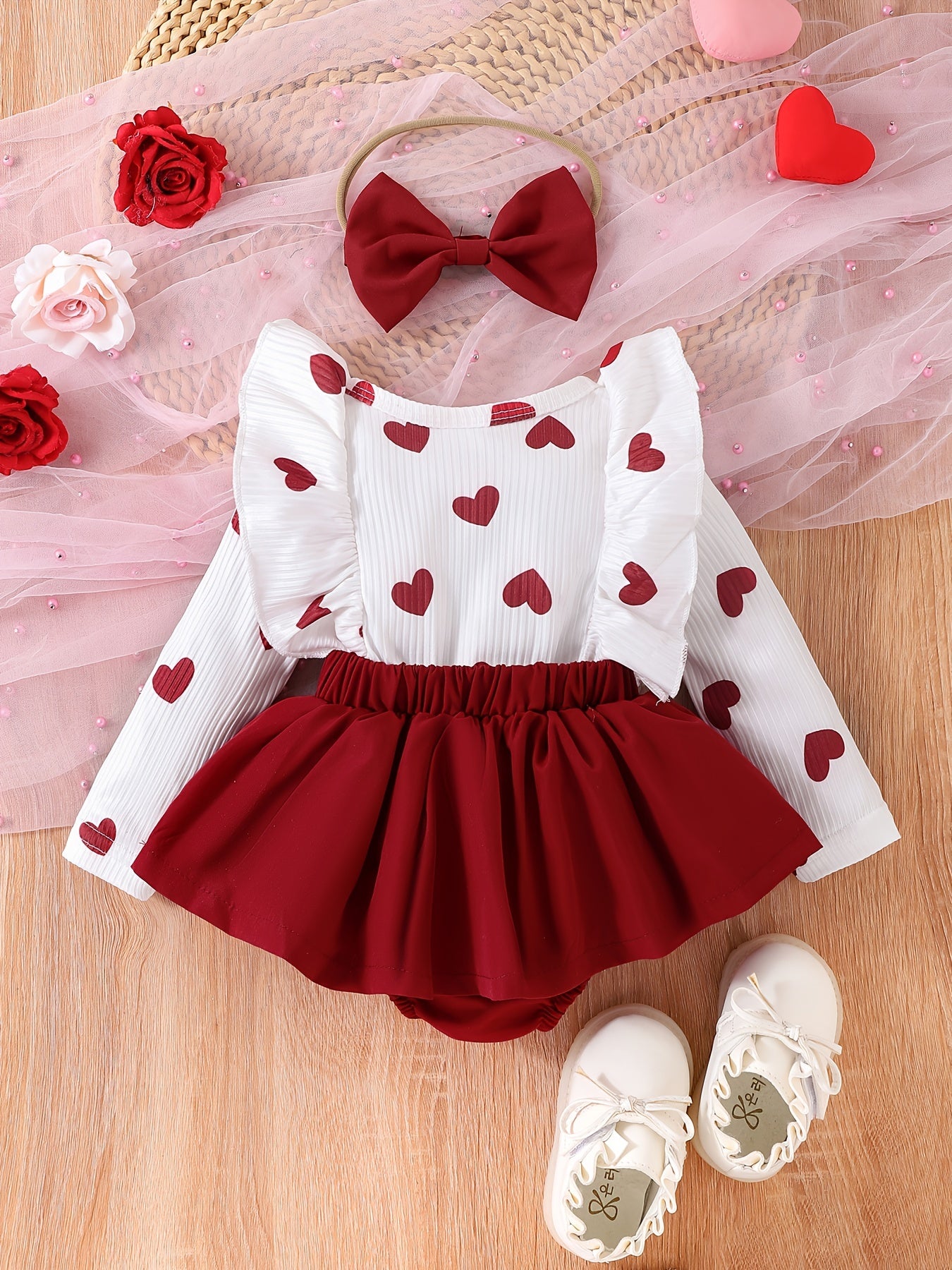 Heart print dress set with bow detail, made from polyester knit fabric in a regular fit for fall/winter, comes with matching headband - P100996, perfect for outdoor wear.