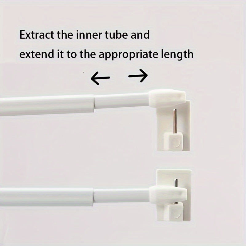 Two small curtain rods with retractable and adjustable features, includes four 7-shaped screws and five adhesive plastic supports.