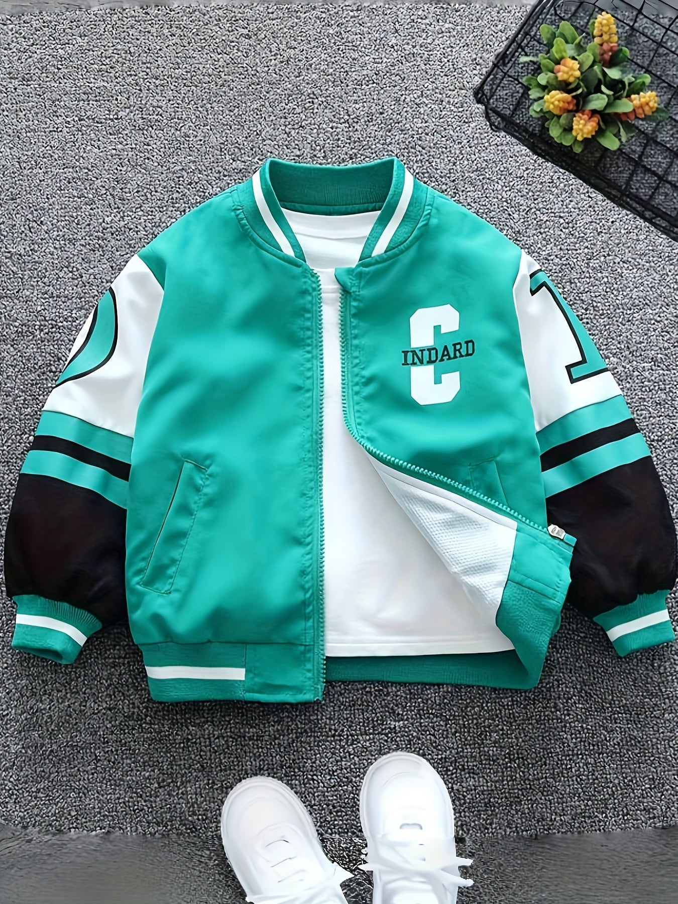 Boys trendy letter print jacket with long sleeves and colorblock design, perfect for outdoor wear.