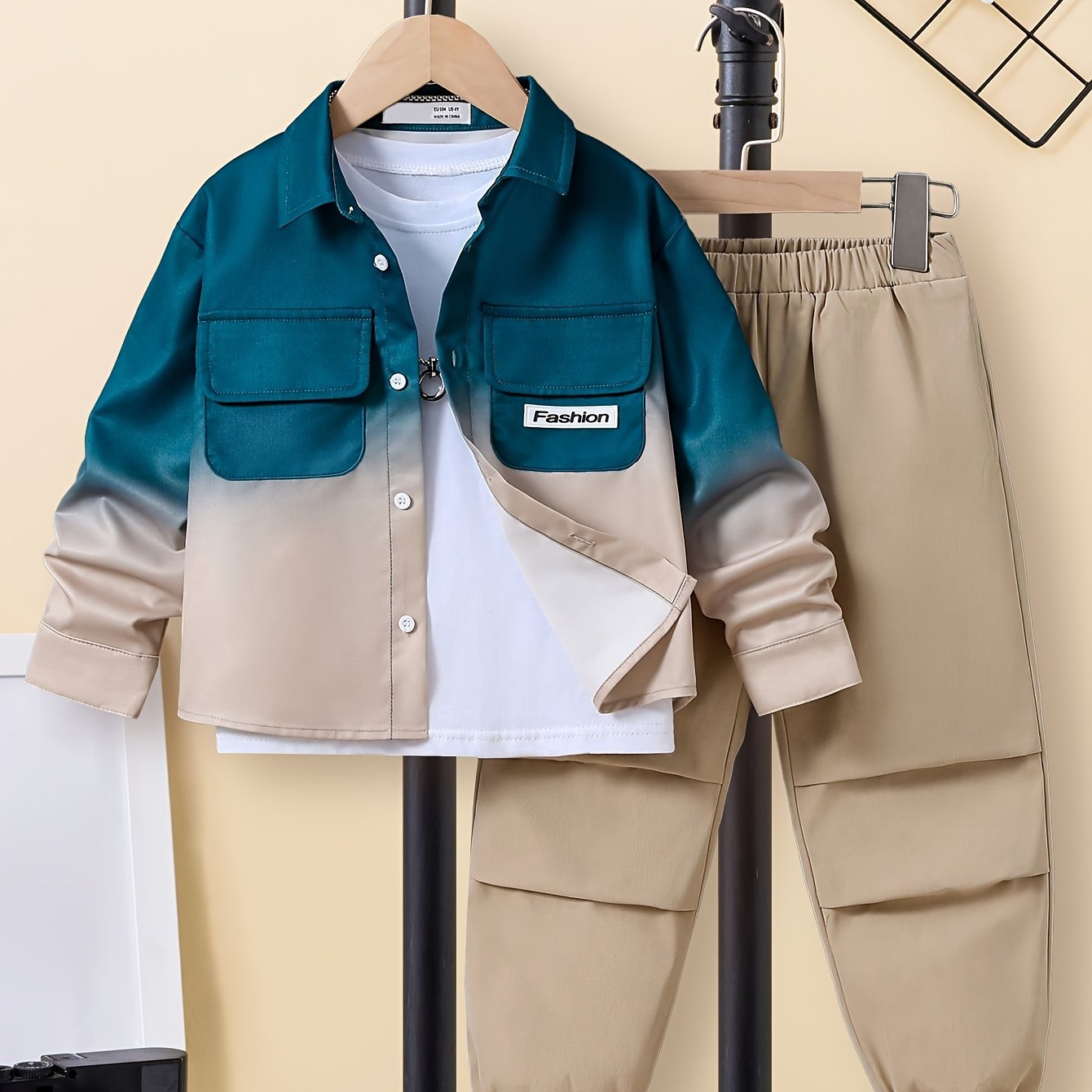 Boys 2-piece casual set with long sleeve gradient shirt and jogger pants for daily and outdoor wear in spring and fall.