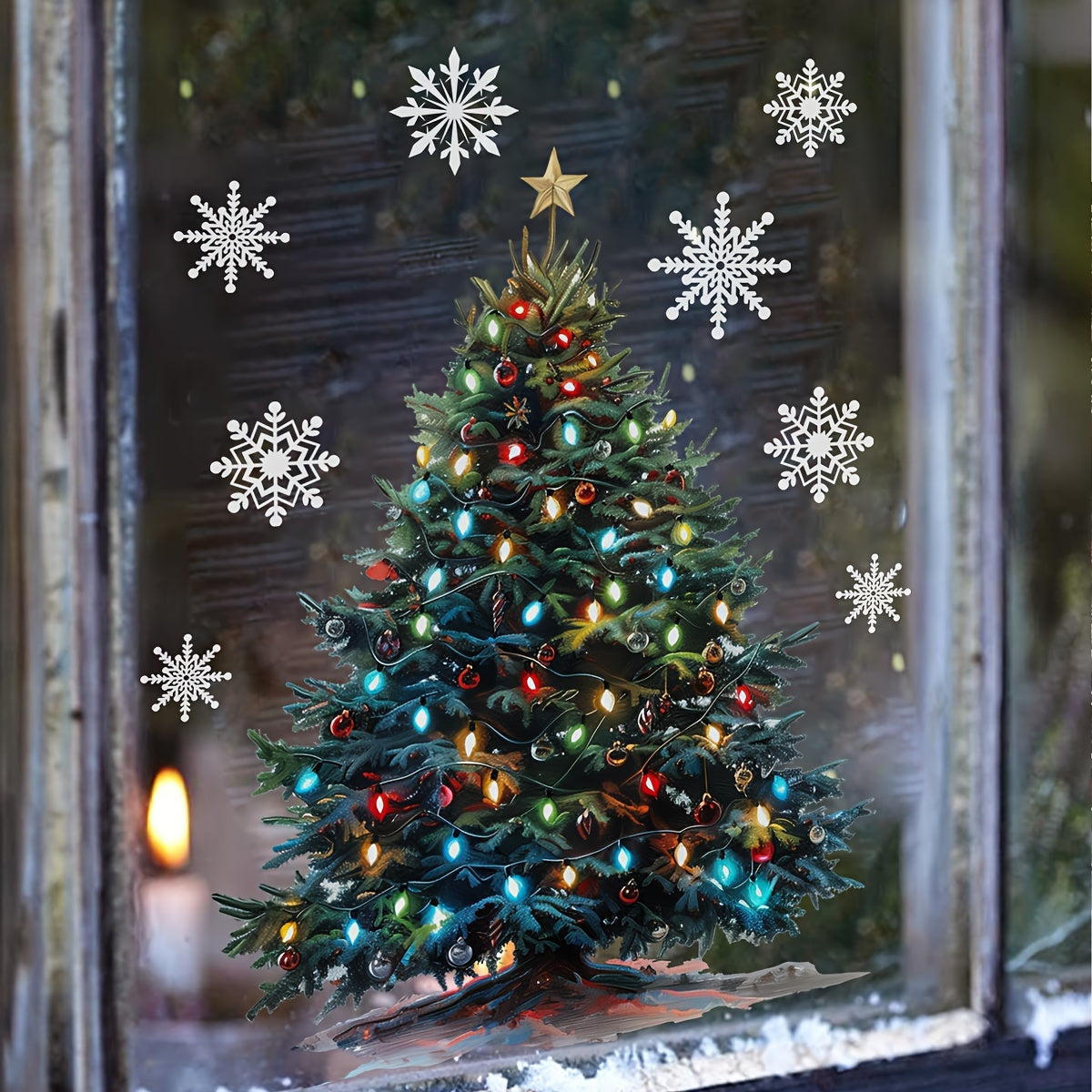 Get into the holiday spirit with our Christmas Cheer Window Cling! This dual-sided snowflake and tree design measures 30.48cm x 40.64cm and is made of self-adhesive PVC decal. Perfect for festive home decor and outdoor Christmas decorations.