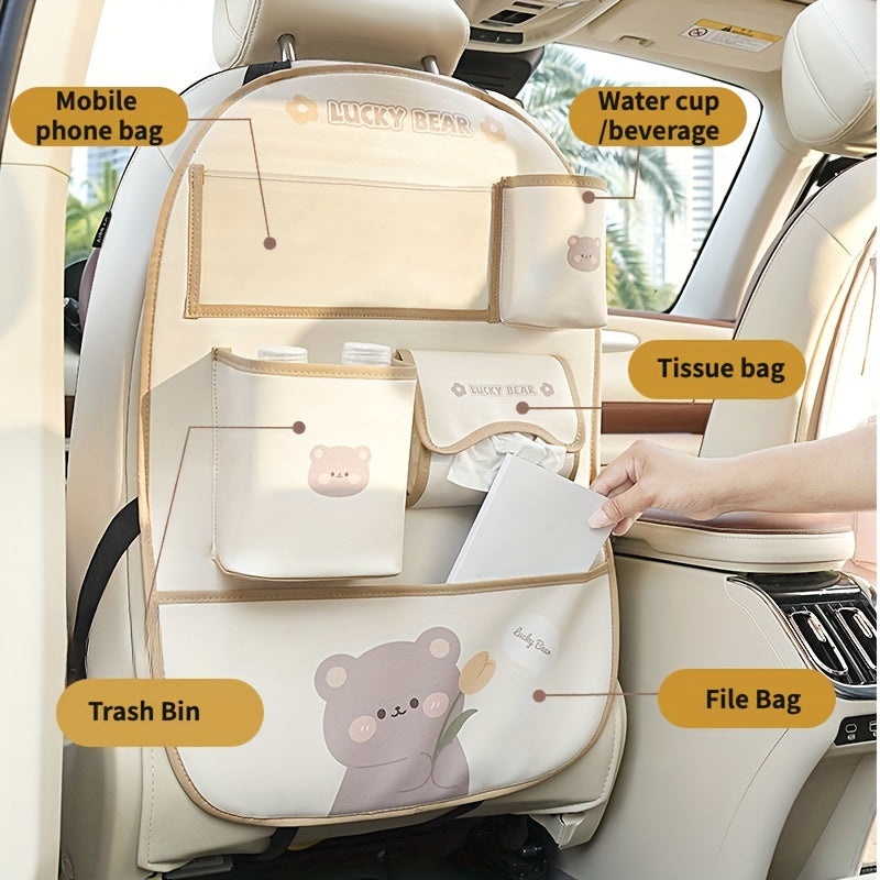 Car Seat Back Storage Bag with Cute Cartoon Design, Multifunctional Protection Pad.