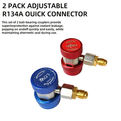 This 2-piece set includes an R134a Adjustable Quick Connect Coupler, featuring High & Low Pressure Connectors designed for HVAC Systems. The Quick Linkers allow for easy Evacuation, Charging & Maintenance without the need for electricity.