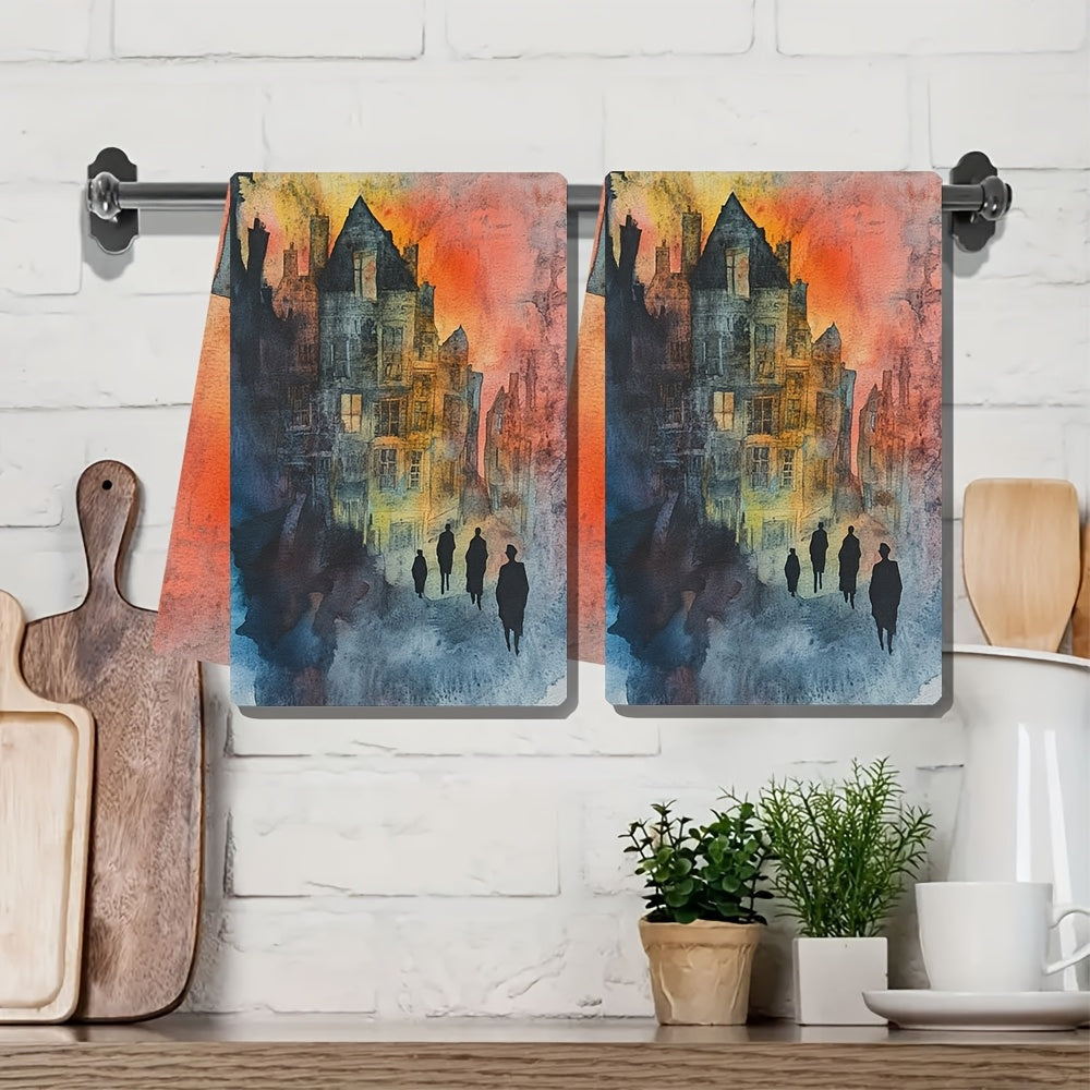 Two pieces of artistic sunset townscape kitchen towels that are ultra soft and highly absorbent. Made of polyester, these dish hand towels are machine washable and measure 40.64x60.96 cm. Add a vibrant holiday decor to your kitchen with these dish towels.