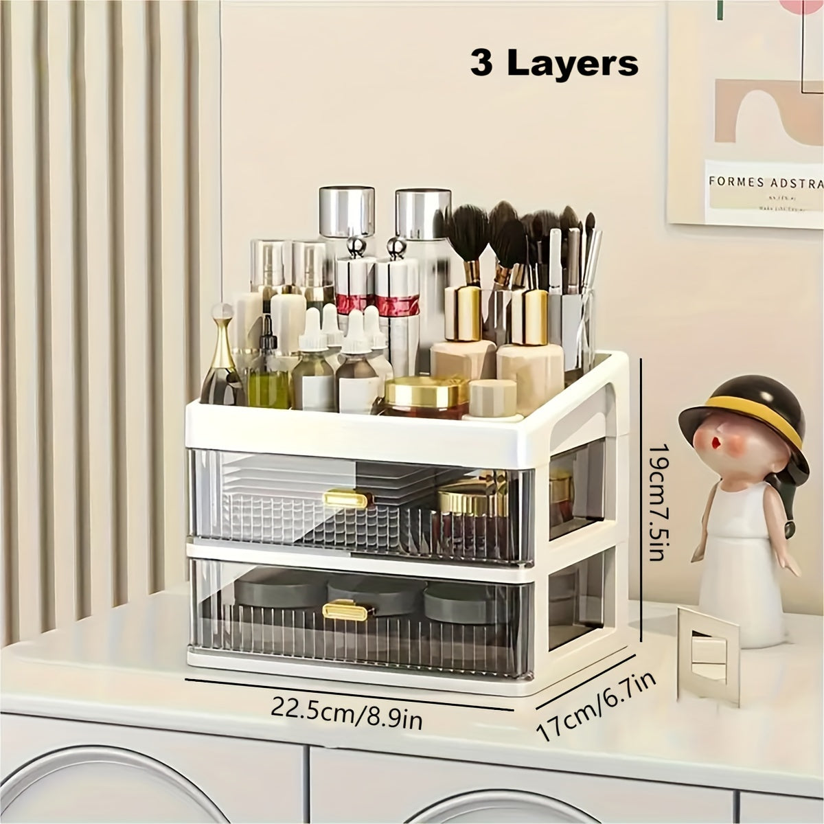 Large makeup organizer with drawer for vanity, dresser, bathroom, and countertop storing cosmetics, perfume, skincare, and toiletries.