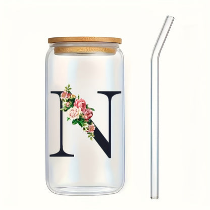 Alphabet flowers drinking glass with bamboo lid and straw, ideal birthday gift for women, friends, girls. 16 oz coffee glass, perfect for moms.