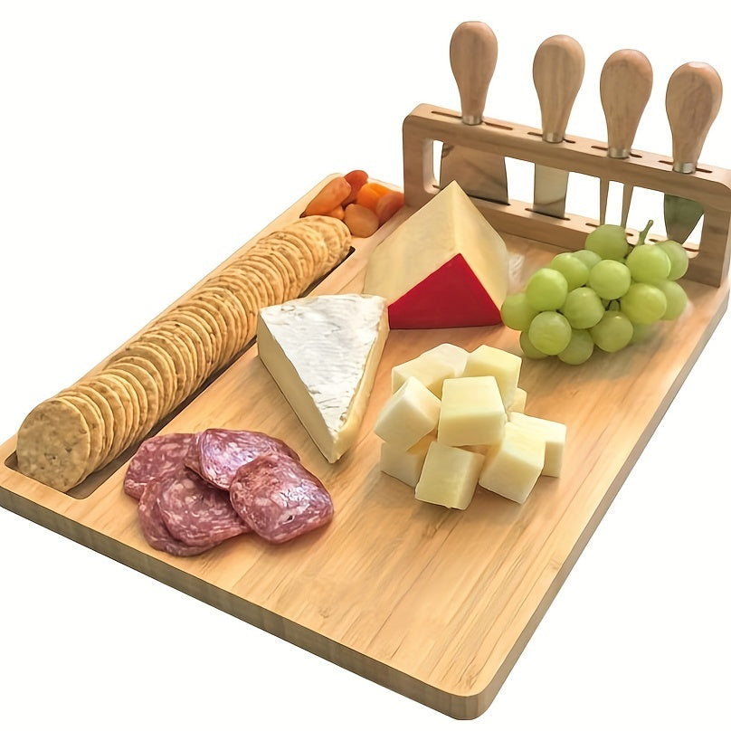 Versatile bamboo cheese board set with knife for festive occasions – perfect for serving cheese, fruit, and nuts.