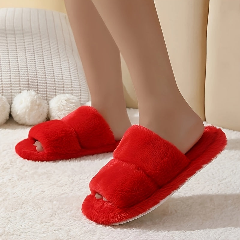 Women's soft plush cross-strap slippers with peep-toe fur, suitable for indoor and outdoor use.