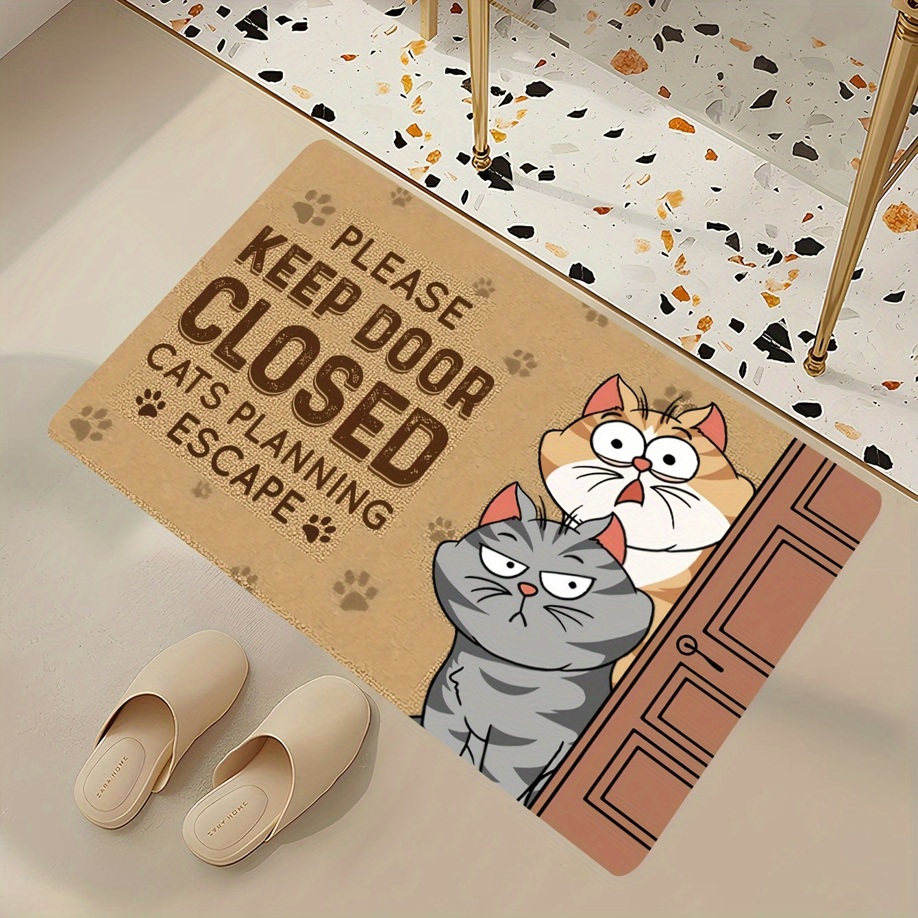 Whimsical Cat Welcome Indoor Doormat - Anti-Slip, Stain-Resistant Polyester Mat featuring "Please Keep Door Closed" Humor. Low Pile, Easy to Clean with Machine Washable for Home Decor