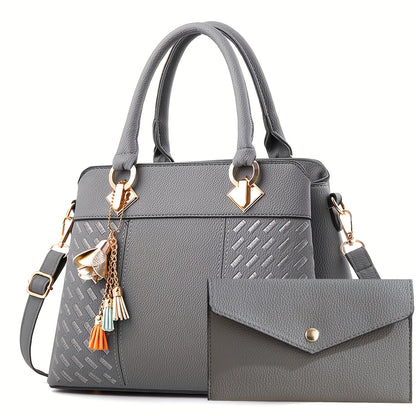 Stylish women's handbag set with black tote, removable strap, zipper closure, clutch, and fashionable shoulder bag. Perfect gift for Mother's Day and Easter.