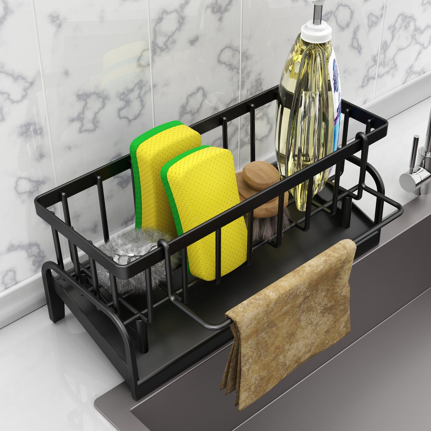 Plastic sink caddy set for kitchen and bathroom organization, includes storage rack for dish cloth, sponges and brushes. Durable and easy to clean for space saving.