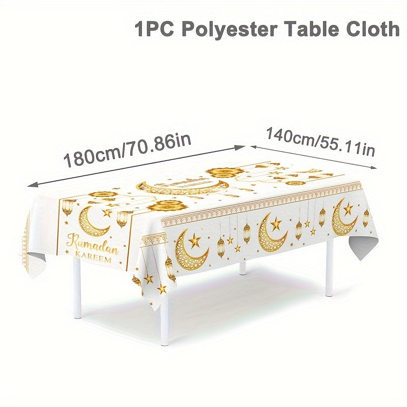 1pc Ramadan Kareem Tablecloth made of polyester, featuring Islamic moon and stars design, perfect for Eid Al-Fitr celebrations and home decor.