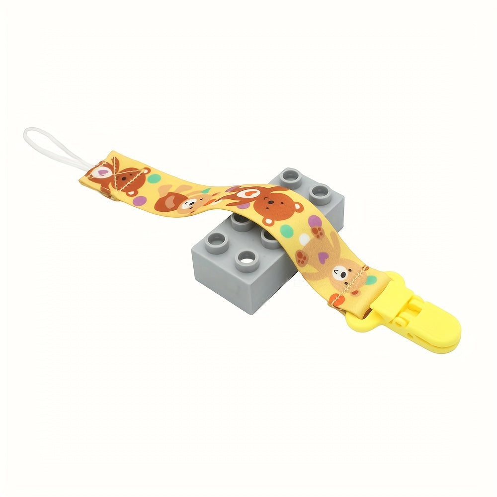 Two adorable patterned pacifier chains in yellow and blue, complete with pacifier clips and holders.