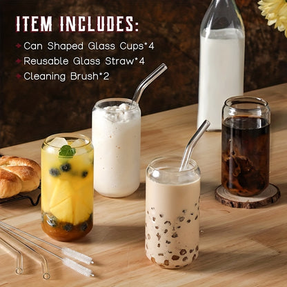 KEMORELA offers can-shaped drinking glasses with glass straws, available with or without a lid. These versatile cups are ideal for beer, iced coffee, whiskey, soda, tea, water, and more. Each set comes with cleaning brushes as a gift.