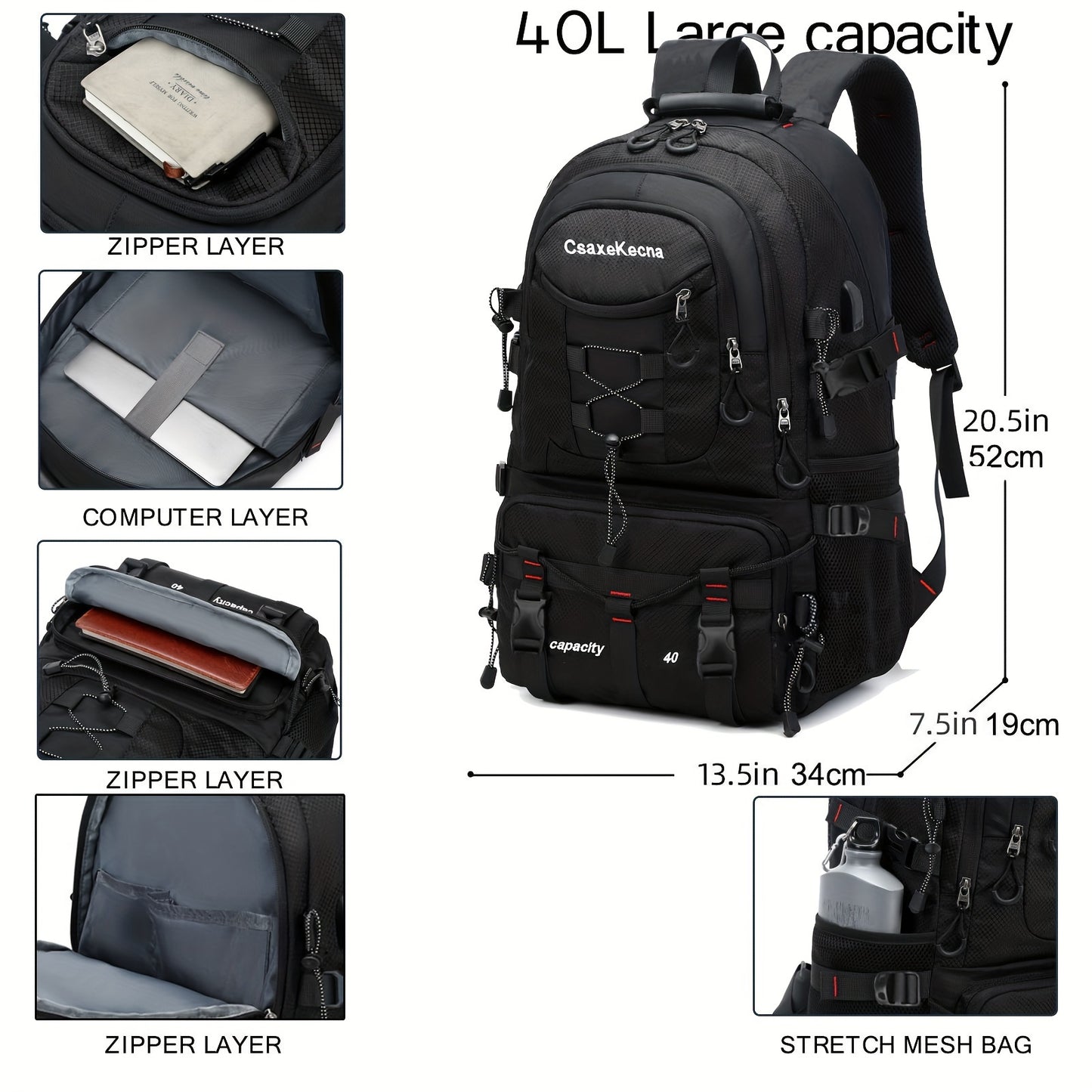 Durable polyester backpack with USB charging port, fits 17-inch laptop, ideal for hiking, camping, and travel.