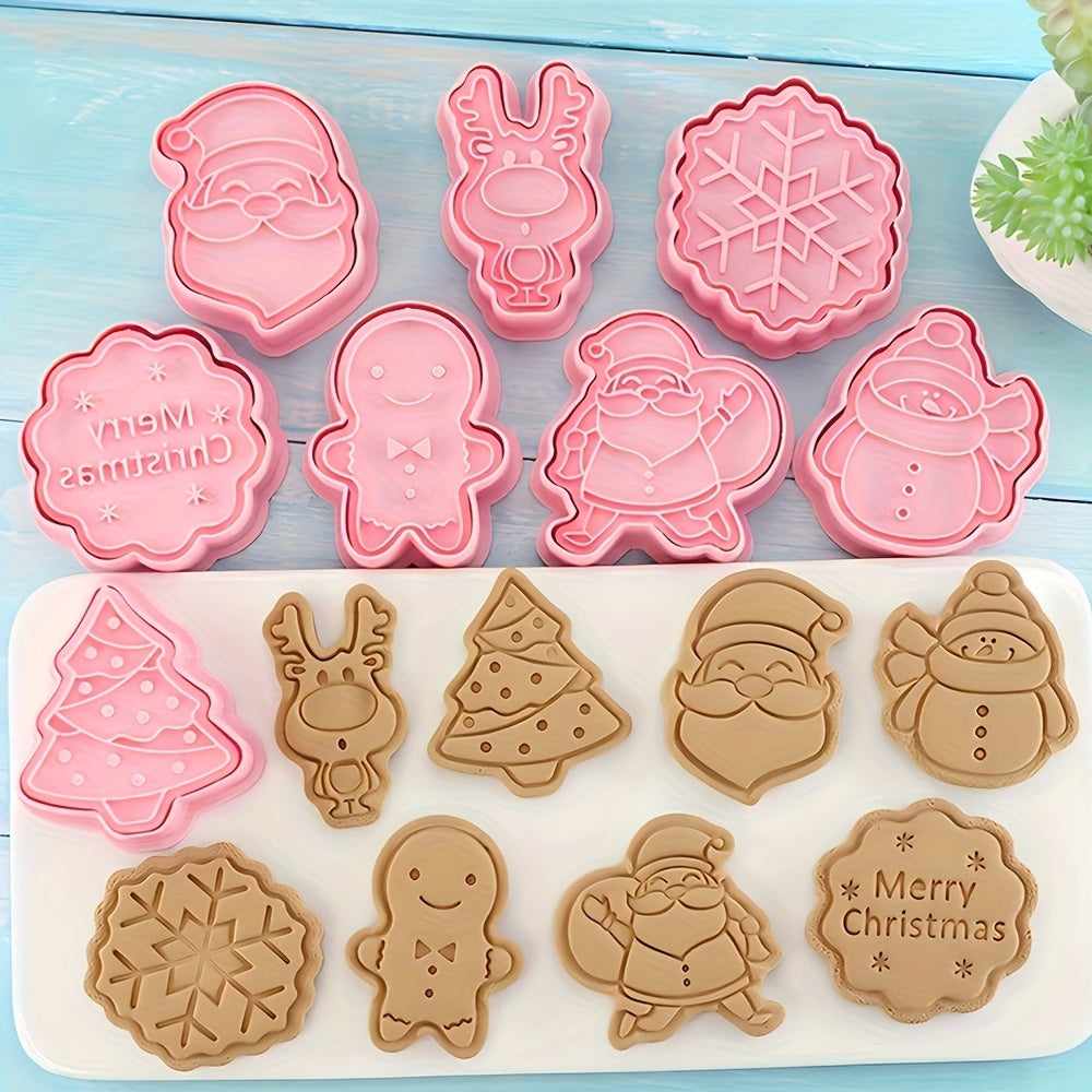 Set of 8 Christmas Cookie Stamp Tools with Various Designs - Snowflake, Snowman, Christmas Deer, Santa Claus, Christmas Tree. Includes Cookie Molds and Cutters for Baking Fun!