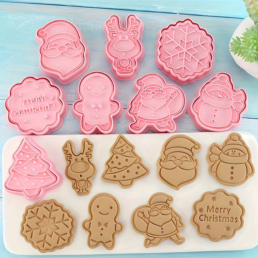 Set of 8 Christmas Cookie Stamp Tools with Various Designs - Snowflake, Snowman, Christmas Deer, Santa Claus, Christmas Tree. Includes Cookie Molds and Cutters for Baking Fun!