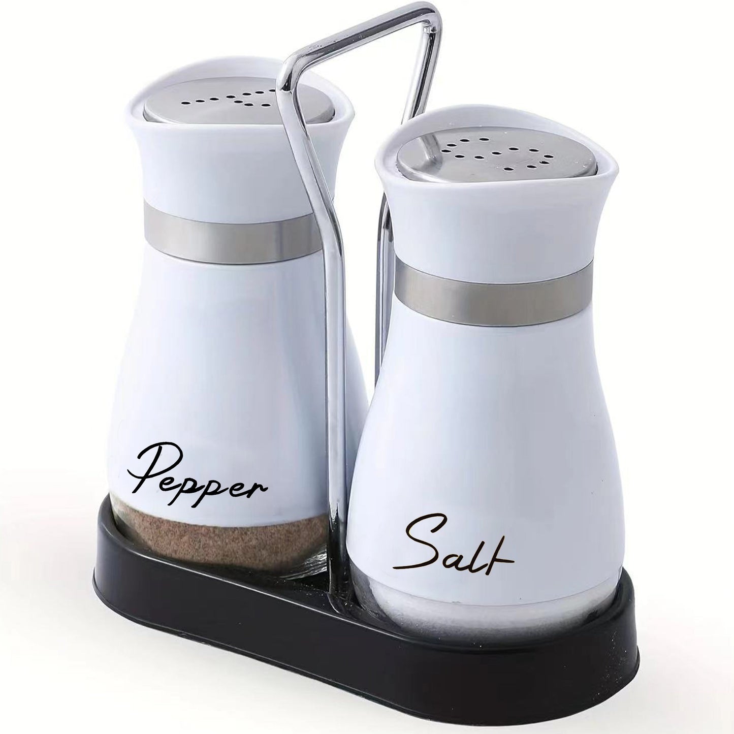 Set of 2 Glass Salt and Pepper Shakers with Holder - 4 oz Refillable Stainless Steel Lidded Spice Dispensers, Perfect for Kitchen, Home, RV, Camping, BBQ - Patterned Shaker Pots for Farmhouse Decor, Wedding Gift