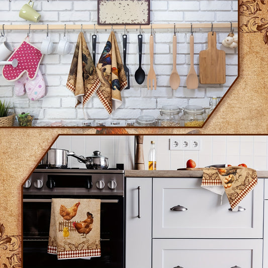 4pc Rustic Rooster Kitchen Hand Towels, Polyester Dish Cloths, Country Style Vintage Christmas Tea Towels