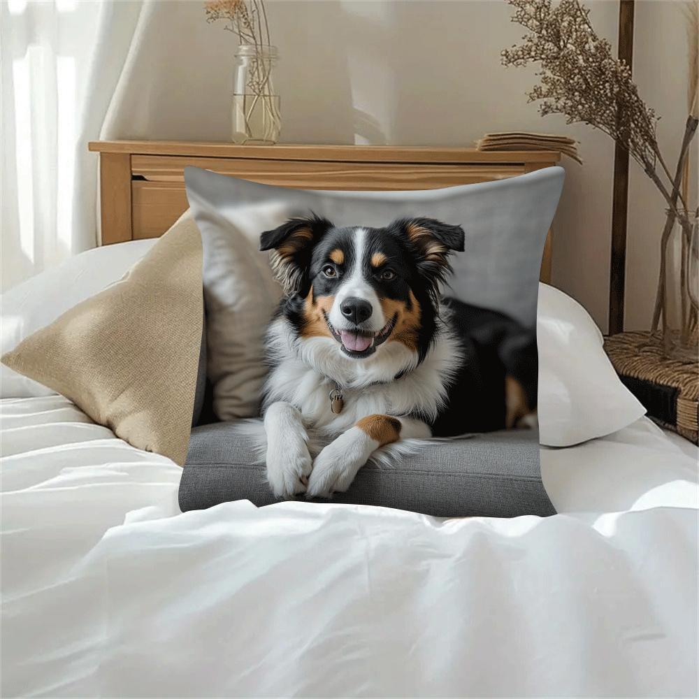 Polyester Throw Pillow Cover featuring an Australian Shepherd Dog design. Square cushion case with removable cover, machine washable and light compression. Ideal for use on your sofa, bedroom, or in the office. Fits cushions up to 45.01cm. Note: Cushion