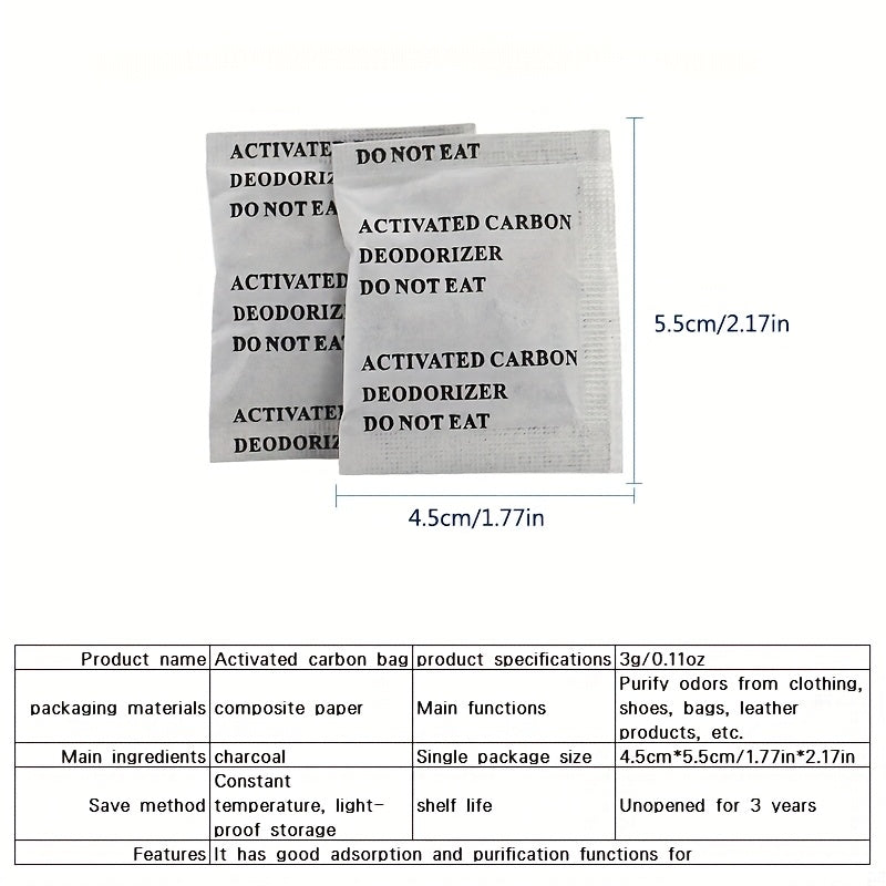100-Pack of 3g Activated Carbon Bags for odor elimination in various areas such as home, car, wardrobe, pet areas, smoke, leather shoes, bags, and renovation projects. Made from wood material for efficient odor absorption.