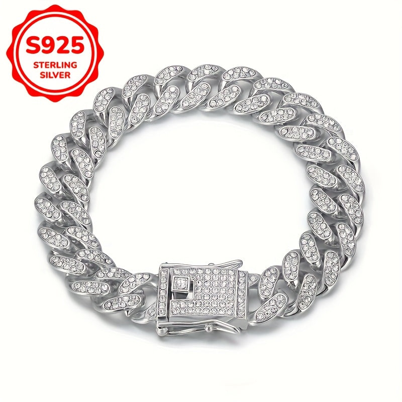 Get your hands on this stylish Retro Hip-Hop Cuban Chain Bracelet featuring Synthetic Zirconia, made with 925 Sterling Silver and weighing 12g. This statement piece is perfect for both daily wear and parties, making it the ideal accessory for any hip hop