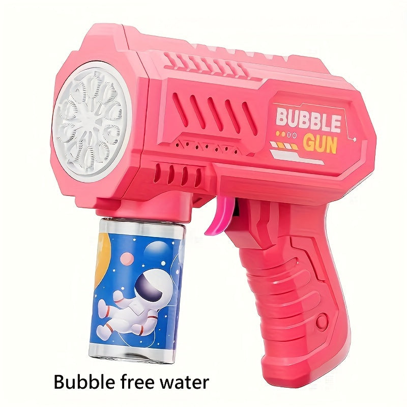 Bubble gun toy with LED light, handheld magic blaster, 10-hole plastic design for ages 3-12. Perfect for parties and gifts, no bubble solution or batteries needed.